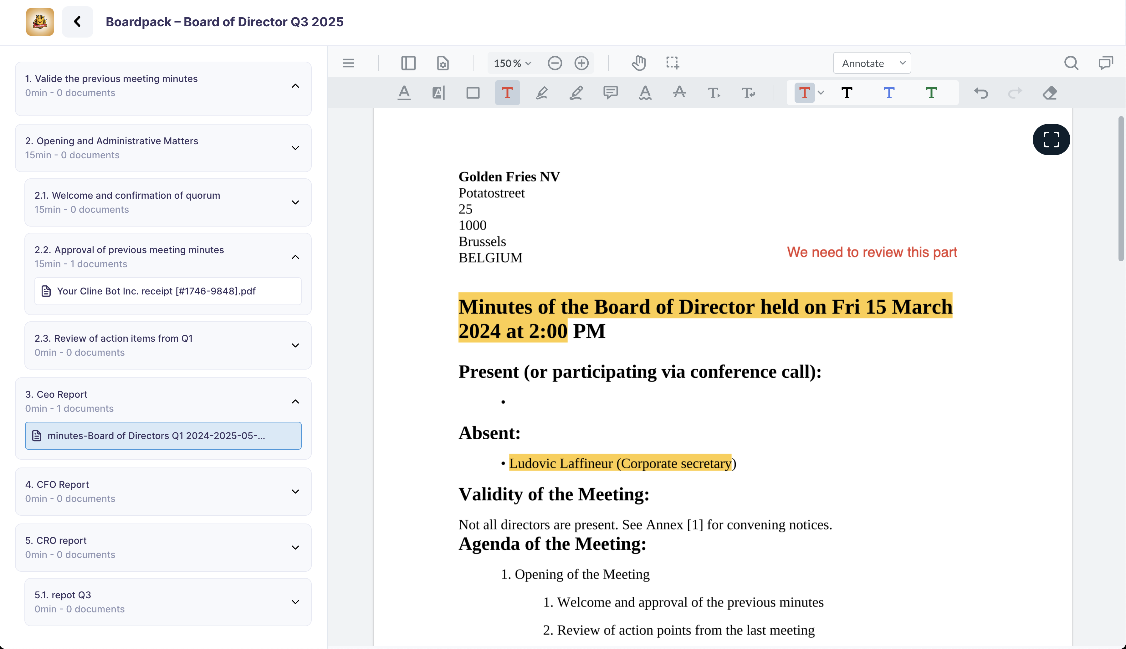 Govrn board pack and annotations interface