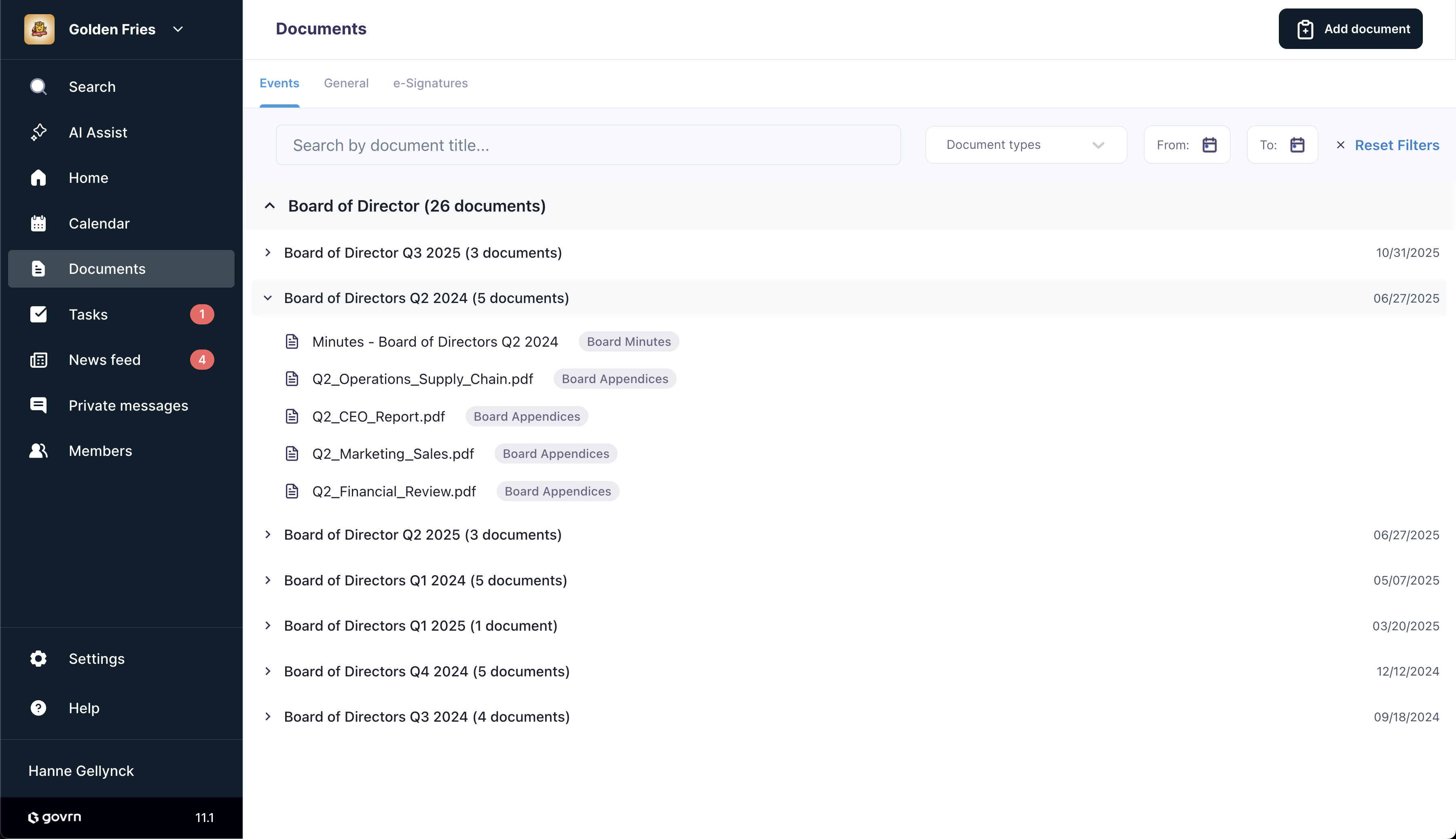 Govrn documents section with search, filters and document categories