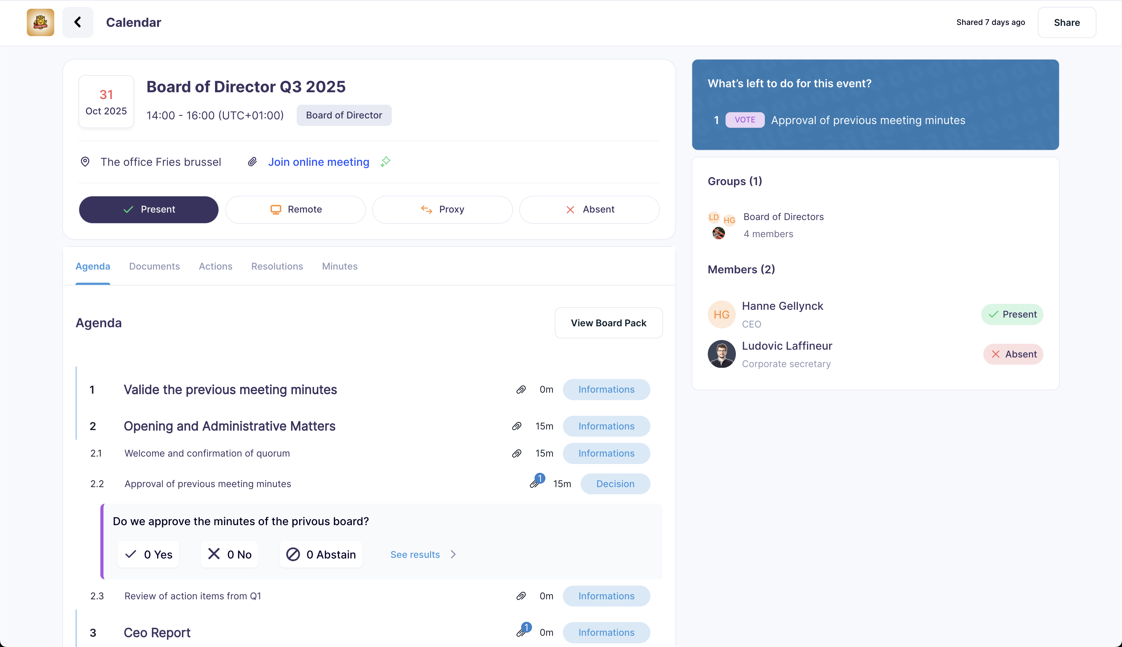 Govrn meeting preparation screen with attendance, tasks and board pack