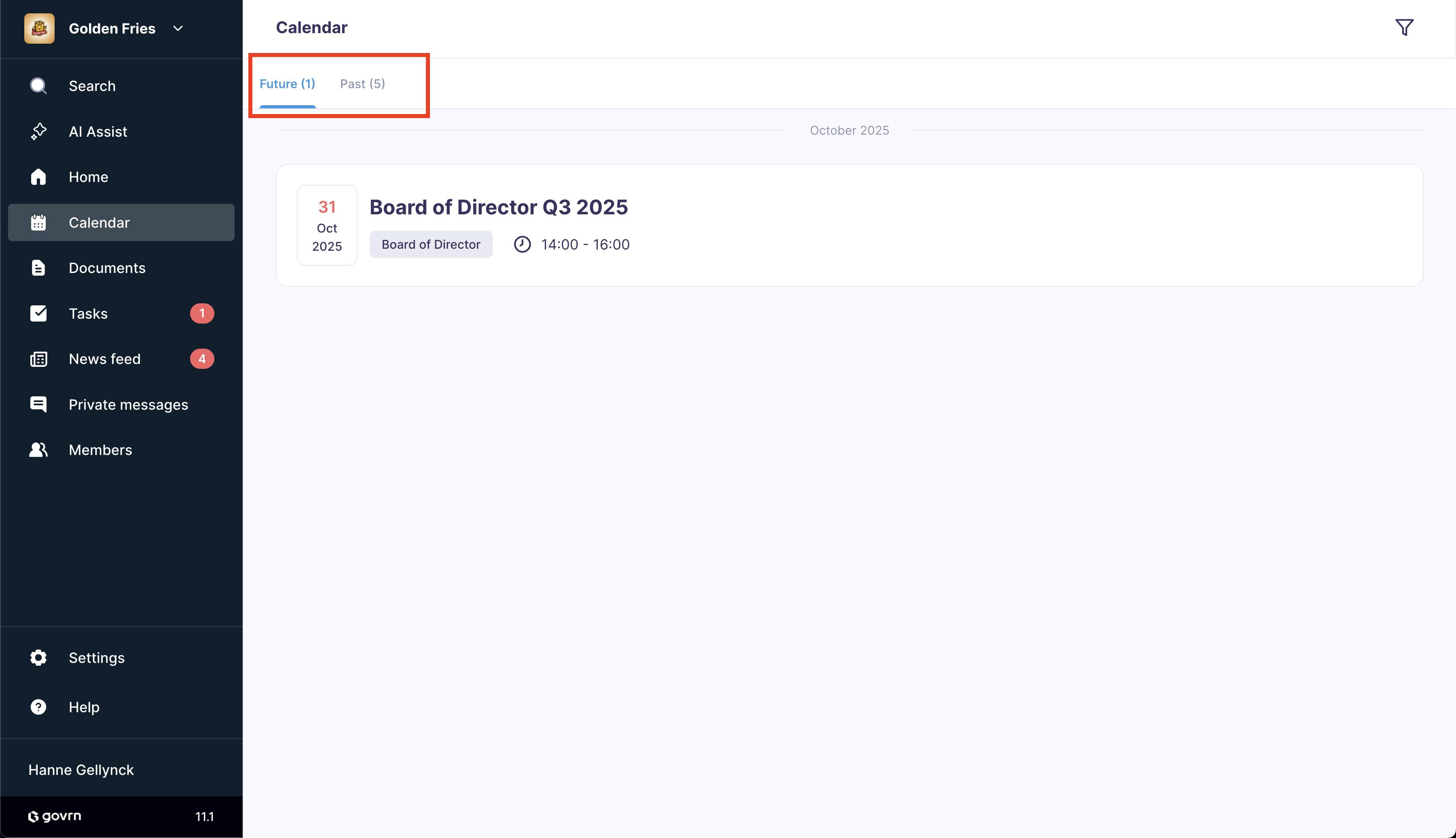 Govrn events tab showing upcoming and past board meetings