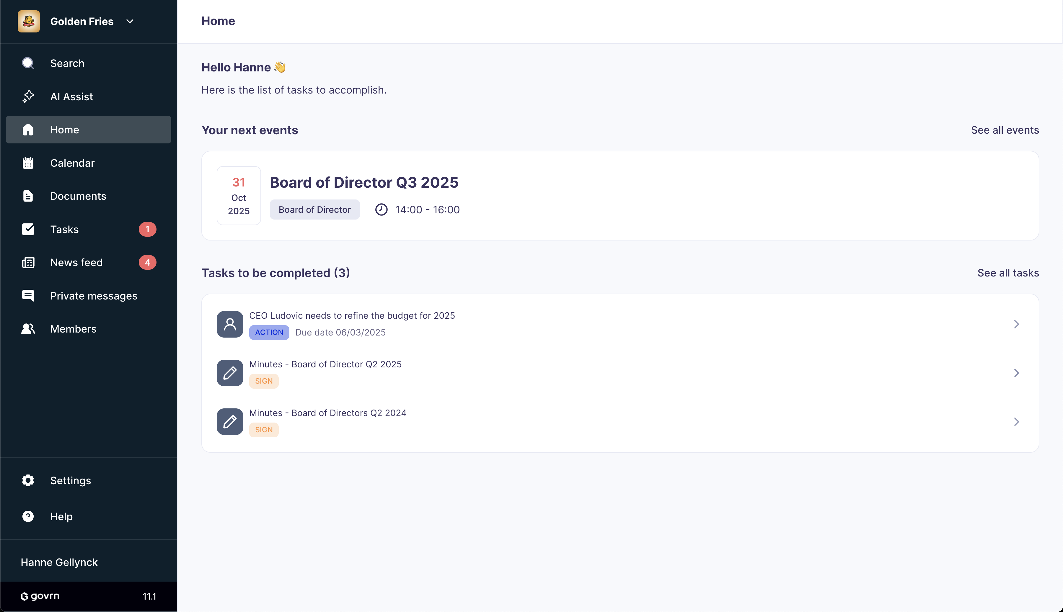 Govrn board member dashboard home page interface